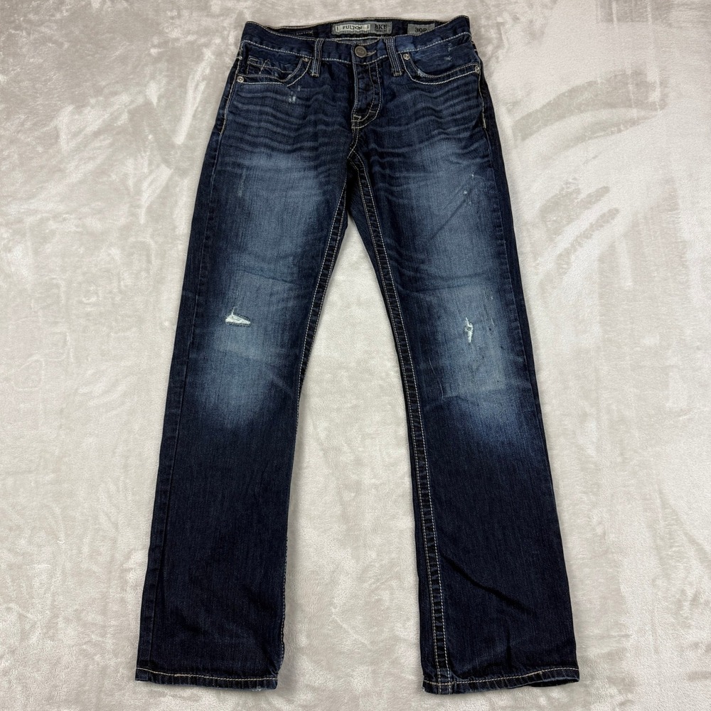 BKE Fulton Bootcut Jeans Mens 30R (30.5x32) Blue Button Fly Thick Stitch Western